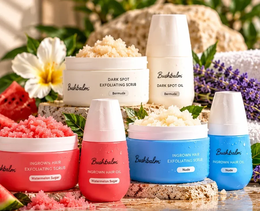 Bushbalm skincare products with flowers and natural stone