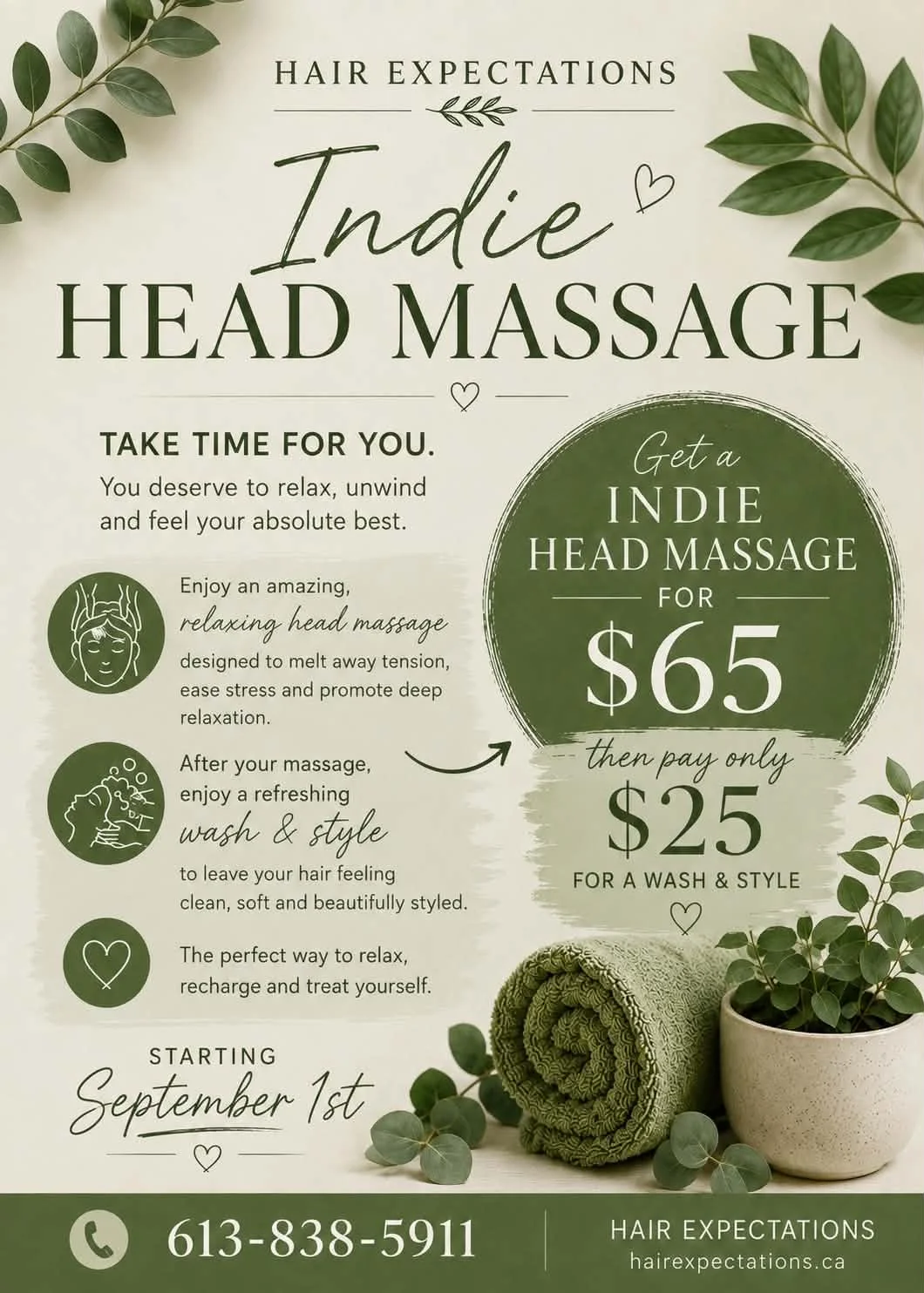 Hair Expectations Indie Head Massage — get a relaxing head massage for $65, then pay only $25 for a wash and style, starting September 1st